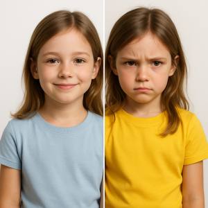 یک دختر بچه ناراحت با لباس تیشرت زرد رنگ و یک دختر بچه خوشحال با لباس تیشرت آبی رنگ