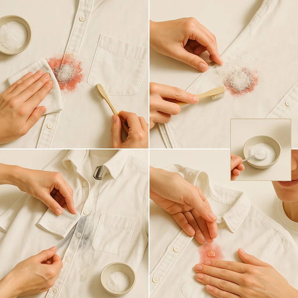 4 تا از روش های پاک کردن لکه انار شامل: مسواک و نمک-سرکه-شامپو بچه-دستمال