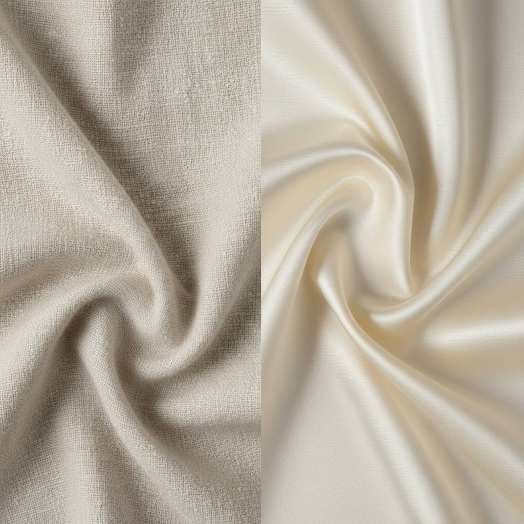 مقایسه بافت پارچه نخی مات با الیاف نامنظم و پارچه ابریشمی براق با بافت یکنواخت – سمت چپ نمونه نخی، سمت راست نمونه ابریشمی
