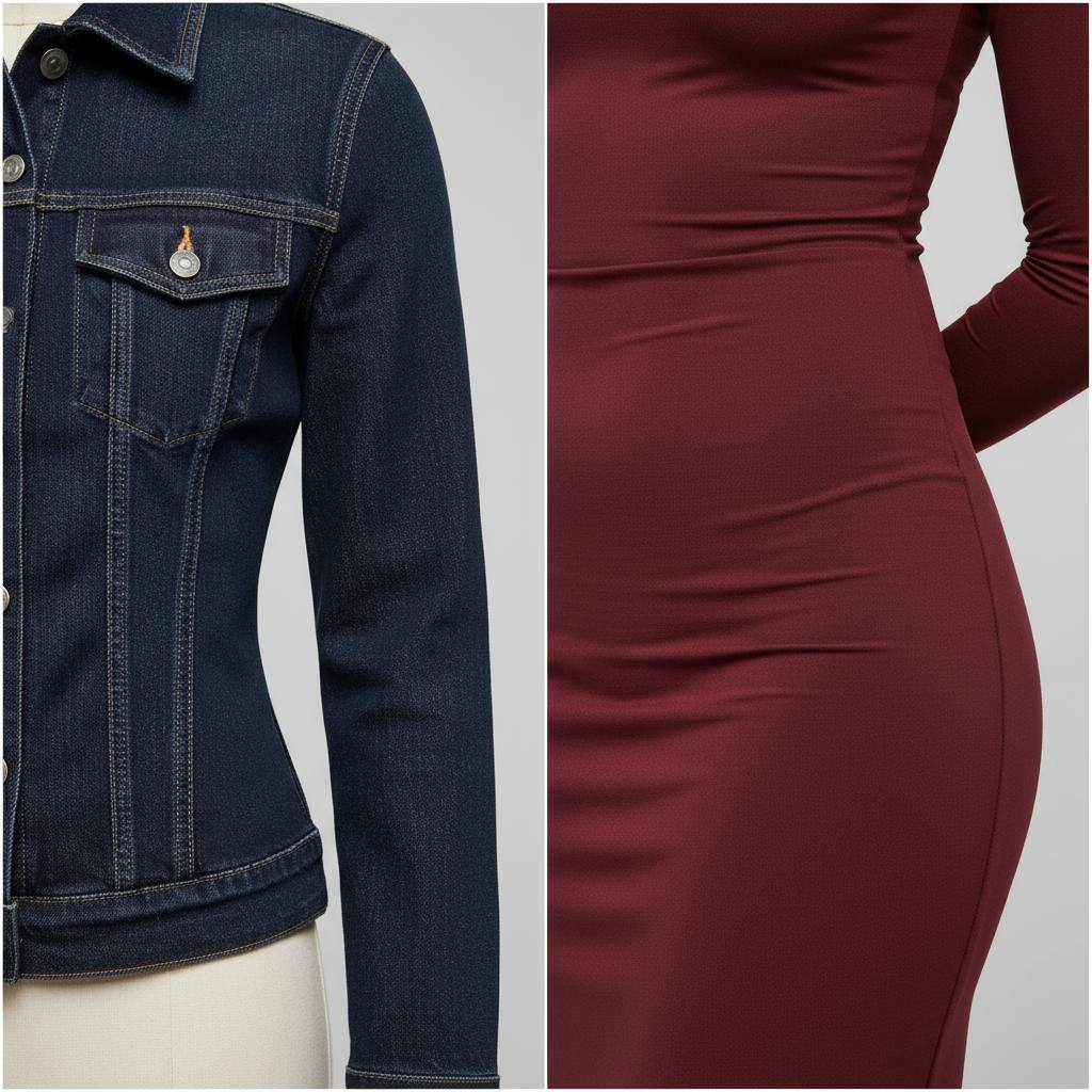 مقایسه فرم و دوخت در پارچه جین محکم و لباس کشی ویسکوز – سمت چپ فرم مشخص و دوخت سفت، سمت راست انعطاف‌پذیر و چسبان به بدن