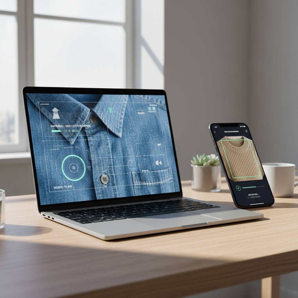 نمونه کار ابزارهای آنلاین و موبایل برای تشخیص جنس پارچه از روی تصویر – لپ‌تاپ با نرم‌افزار هوش مصنوعی و گوشی با اپلیکیشن اسکن بافت لباس