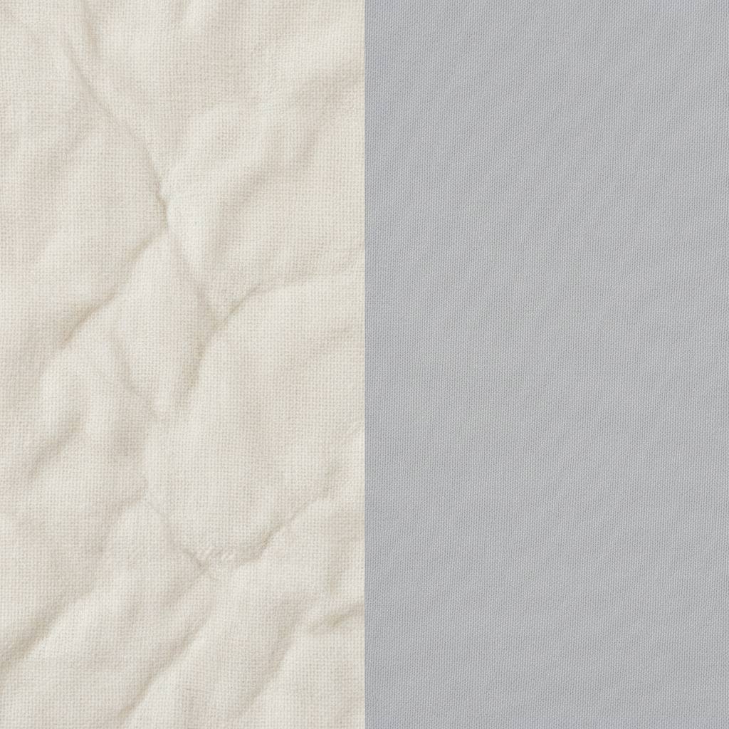 تصویر مقایسه پارچه نخی طبیعی و پلی‌استر مصنوعی – سمت چپ بافت مات و چین‌دار، سمت راست سطح صاف و براق
