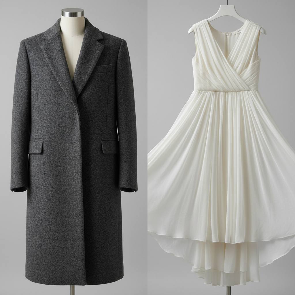 مقایسه ایستایی پارچه پشمی ضخیم با افتادگی پارچه حریر – سمت چپ ساختار محکم و کم‌چین، سمت راست موج‌های نرم و روان
