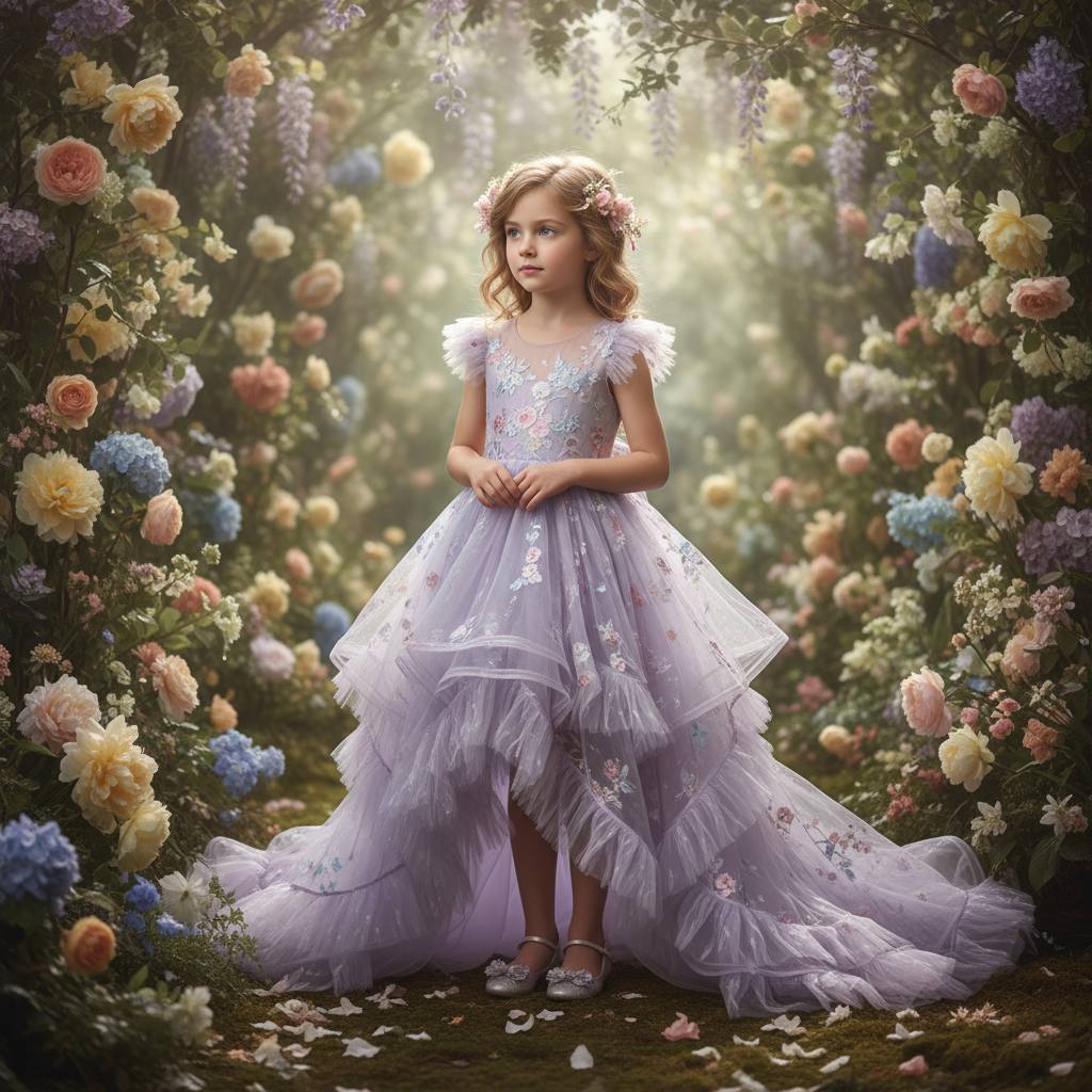  دختری با پیراهن به رنگ یاسی  از جنس ارگانزا با دامن نامتقارن که در یک باغ ایستاده است.