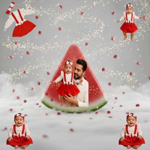 طرح یک قاچ هندوانه و درون آن عکس پدری که دخترش را در آغوش گرفته و یک لباس یلدایی و بچه با لباس یلدایی نیز در گوشه های تصویر