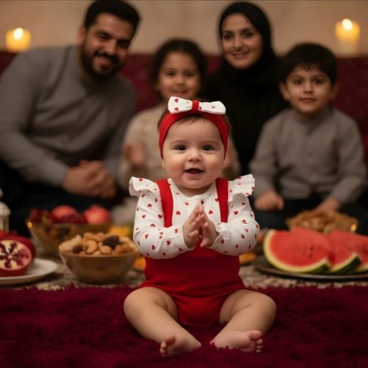 لباس کودک یلدایی در تن یک نوزاد دختر با سربند زیبا