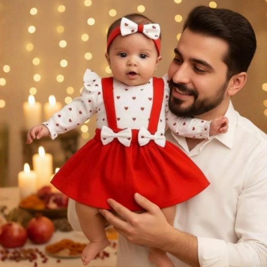یک نوزاد دختر در آغوش پدرش با یک لباس دخترانه شیک قرمز با قلب های سفید