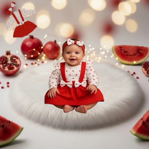 لباس یلدایی نوزادی در تن یک نوزاد نشسته روی یک سکوی سفید و دور تا دورش هندوانه و انار نیز هست