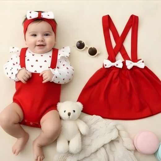 یک ست سرهمی لباس نوزاد دخترانه سفید قرمز یلدایی در کنار یک نوزاد که همان لباس را پوشیده در کنار یک خرس و یک شال