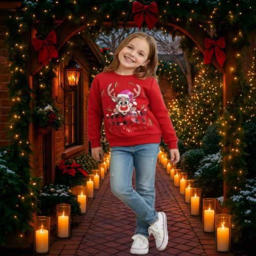 دختربچه ۸ ساله با سویشرت قرمز طرح گوزن و شلوار جین آبی روشن ایستاده در خیابان برفی جلوی ویترین تزیین شده فروشگاه اسباب‌بازی کریسمس.