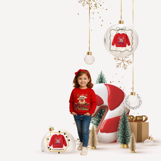 پوستر تبلیغاتی سویشرت دخترانه قرمز با طرح گوزن و نوشته Merry Christmas بر تن مدل کودک، همراه با لوگوی هوشمند شاپ و المان‌های تزیینی کادو و آبنبات.