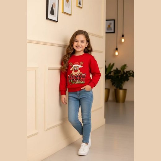 عکس تنخور سویشرت زمستانی دخترانه رنگ قرمز با طرح کارتونی گوزن