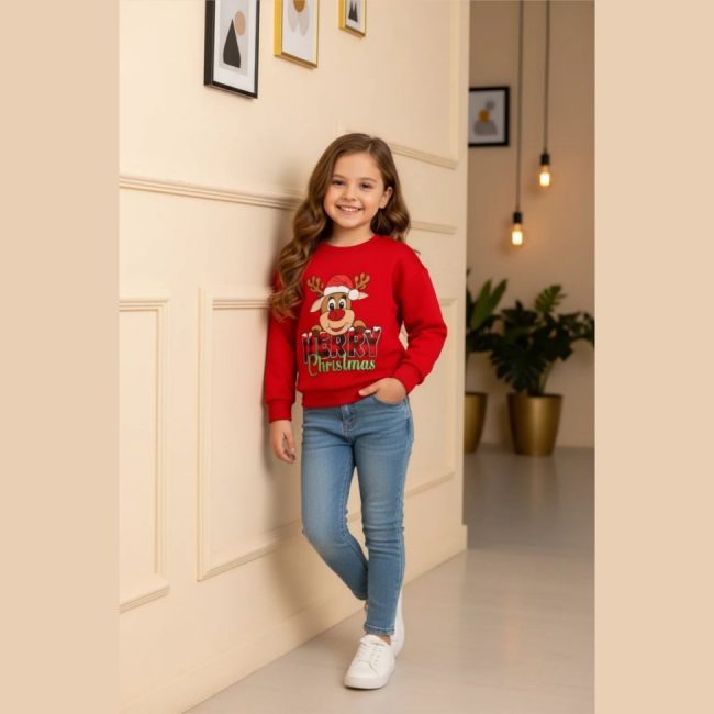 عکس تنخور سویشرت زمستانی دخترانه رنگ قرمز با طرح کارتونی گوزن