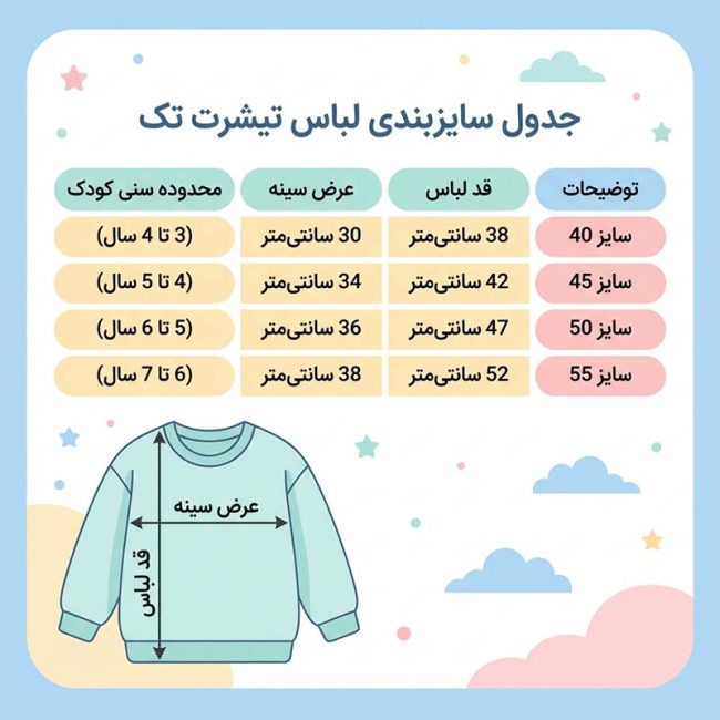جدول راهنمای سایزبندی تیشرت پسرانه ساده و جیب‌دار نخی (مناسب برای سنین ۳ تا ۷ سال) - شامل اندازه‌های دقیق قد لباس و عرض سینه برای سایزهای ۴۰ تا ۵۵ در هوشمند شاپ