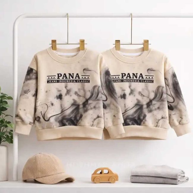 نمایش دو عدد بلوز تک دورس پسرانه کرم رنگ طرح ماربل مدل PANA آویزان شده روی رگال لباس با دکور کلاه مخمل و ماشین چوبی.