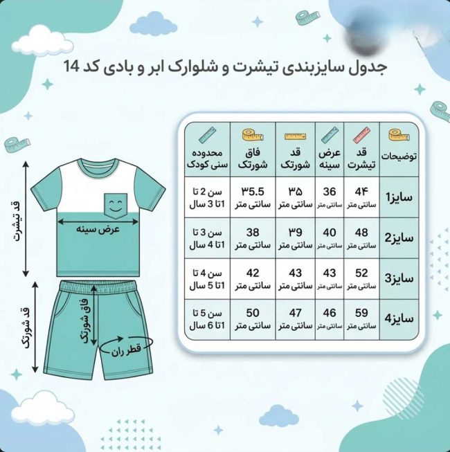 جدول دقیق راهنمای سایزبندی ست تیشرت و شلوارک پسرانه طرح لبخند، شامل راهنمای تصویری اندازه‌گیری قد، عرض سینه و شلوارک برای رده سنی ۱ تا ۵ سال