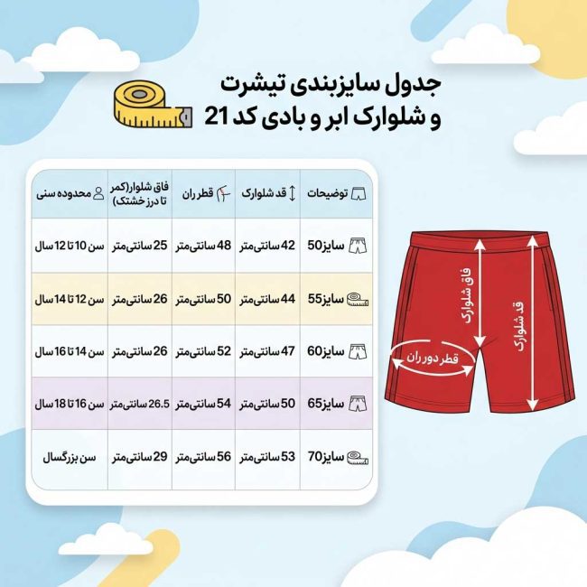 جدول سایزبندی شلوارک اسپرت پسرانه قرمز با نمایش ابعاد دقیق از سایز ۵۰ تا ۷۰ برای سنین ۱۰ سال تا بزرگسال