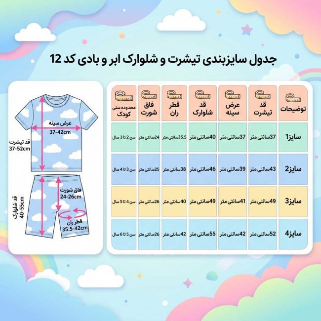 جدول دقیق راهنمای سایز ست تیشرت و شلوارک پسرانه ابروبادی؛ شامل اندازه‌های عرض سینه، قد تیشرت و شلوارک برای رده سنی ۲ تا ۶ سال