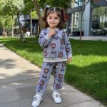 نمای تن‌خور لباس مهدکودک دخترانه طرح کارتونی کورومی بر تن دختربچه‌ای در فضای باز
