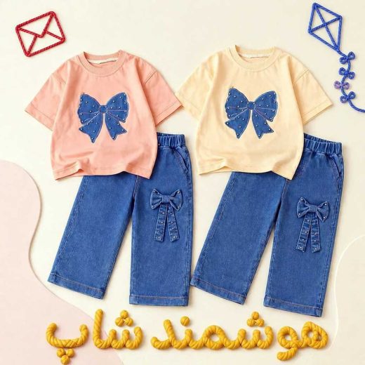 دو ست لباس کودک شامل تیشرت و شلوار جین با پاپیون مرواریدی روی زمینه سفید، یکی به رنگ گلبهی و دیگری لیمویی