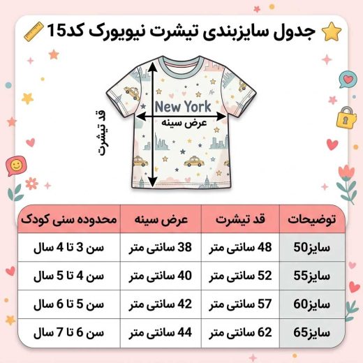 جدول راهنمای سایزبندی تیشرت طرح نیویورک شامل ستون‌های رده سنی از ۳ تا ۷ سال، اندازه عرض سینه و اندازه قد لباس به سانتی‌متر.