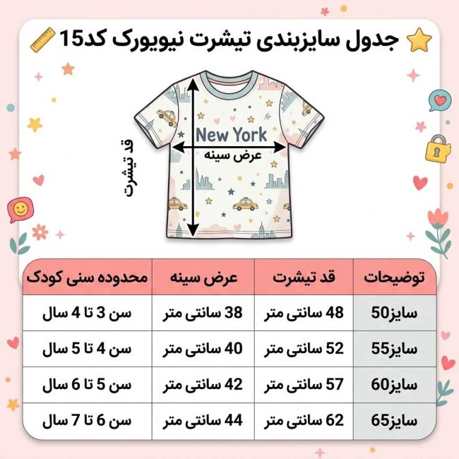 جدول راهنمای سایزبندی تیشرت طرح نیویورک شامل ستون‌های رده سنی از ۳ تا ۷ سال، اندازه عرض سینه و اندازه قد لباس به سانتی‌متر.