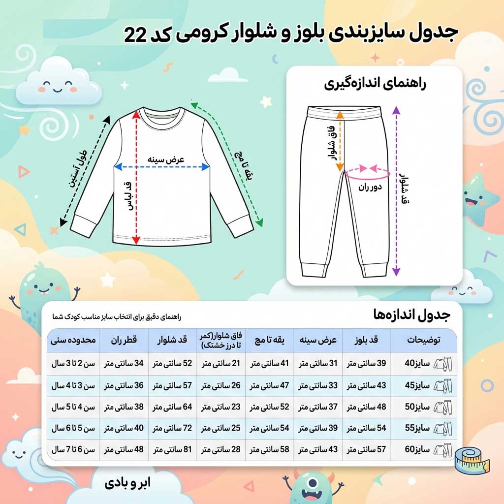جدول دقیق سایزبندی ست بلوز شلوار نخی مناسب تابستان برای سنین ۲ تا ۷ سال