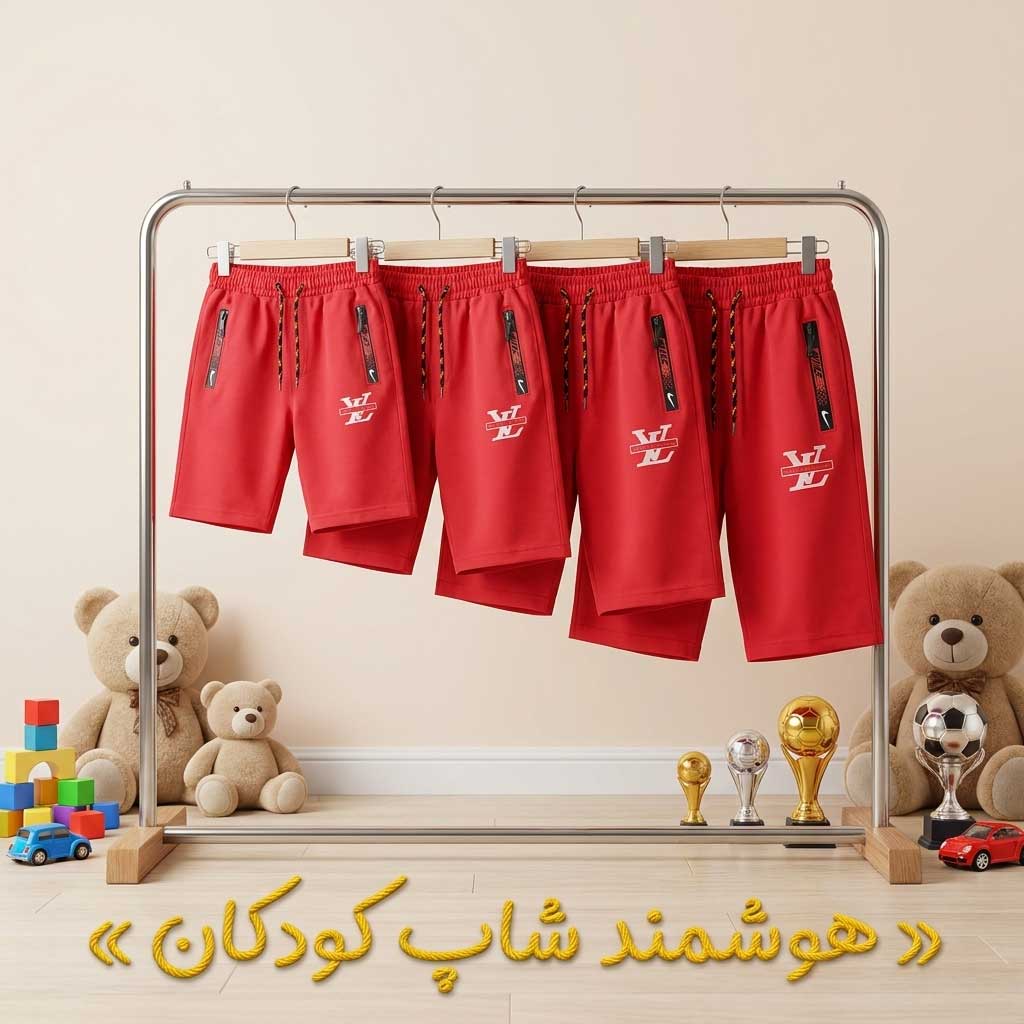 چهار شلوارک ورزشی پسرانه قرمز جیبدار روی رگال چوبی با پسزمینه کرم و عروسکهای خرس و توپ فوتبال