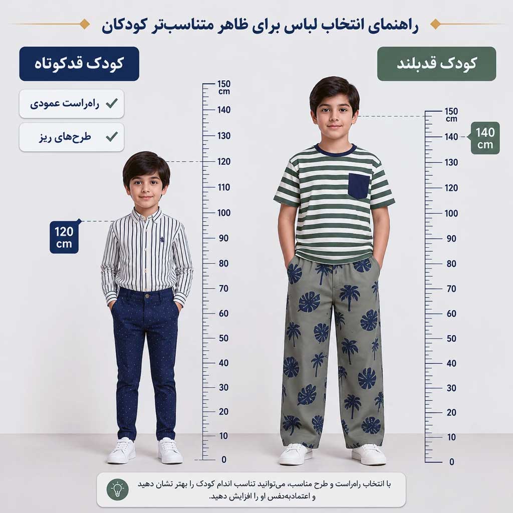 راهنمای انتخاب لباس بچه گانه شیک بر اساس قد کودک - کودک قدکوتاه و قدبلند