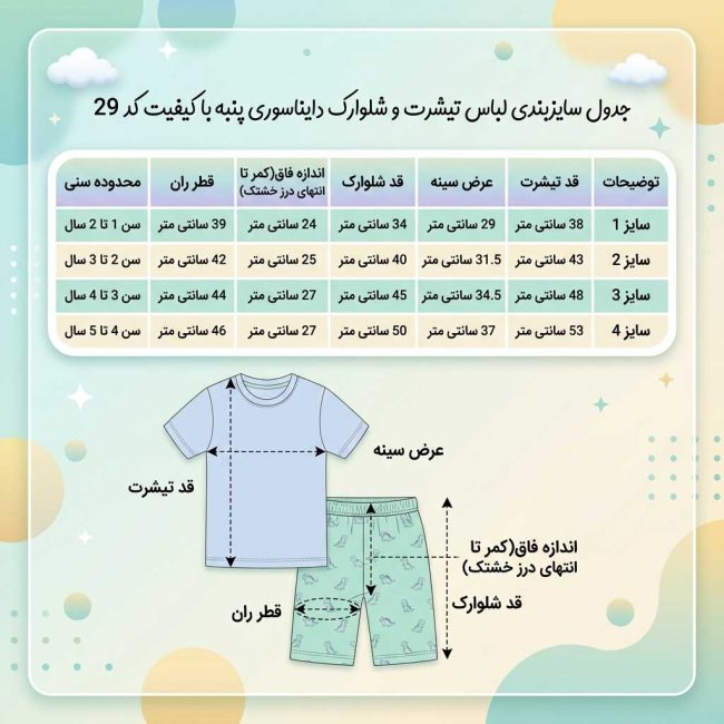 جدول سایزبندی ست لباس راحتی پسرانه پنبهای طرح دایناسور همراه با تصویر راهنمای اندازهگیری