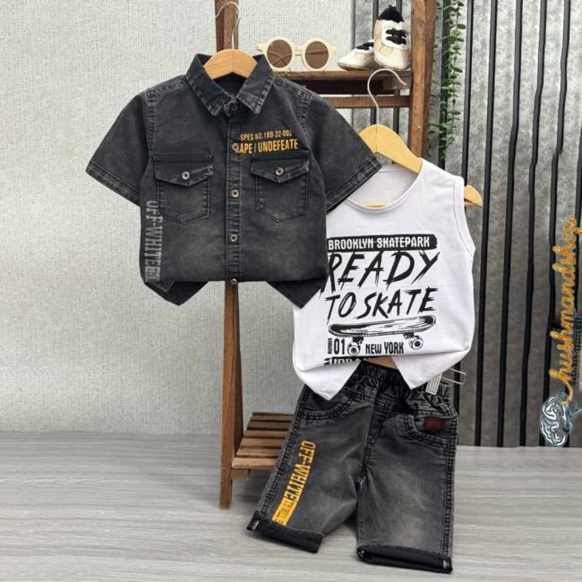 مایش پیراهن زغالی، شلوارک و تاپ رکابی نخی از ست سه تکه جین دخترانه شیک