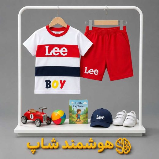 ست تیشرت و شلوارک پسرانه آویزان روی رگال کنار اسباببازیها، با نمایش کیفیت چاپ لباس نخی