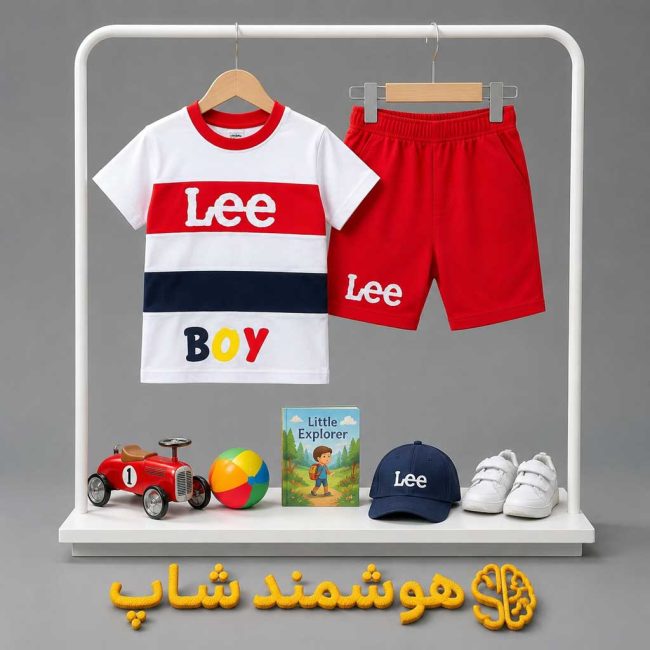 ست تیشرت و شلوارک پسرانه آویزان روی رگال کنار اسباببازیها، با نمایش کیفیت چاپ لباس نخی