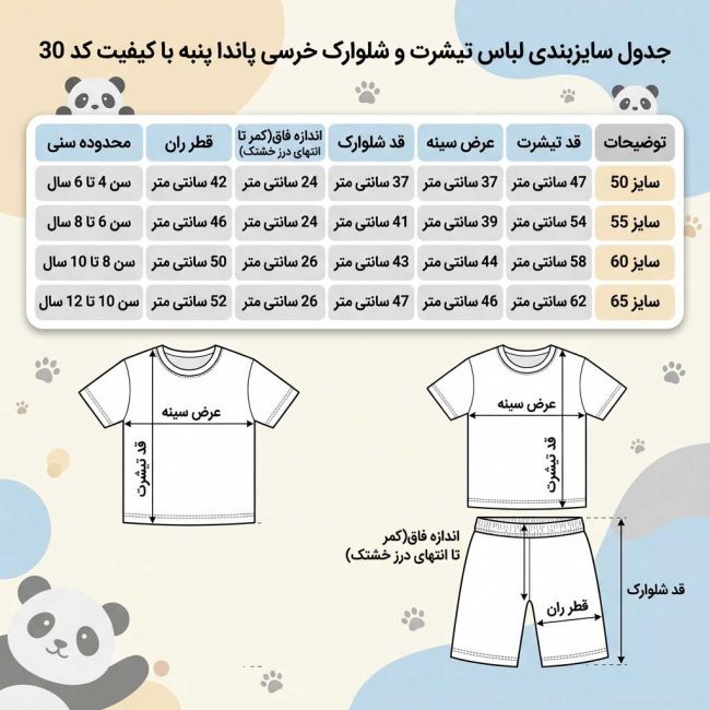 جدول راهنمای سایزبندی ست لباس بچگانه طرح پاندا برای محدوده سنی ۴ تا 14 سال