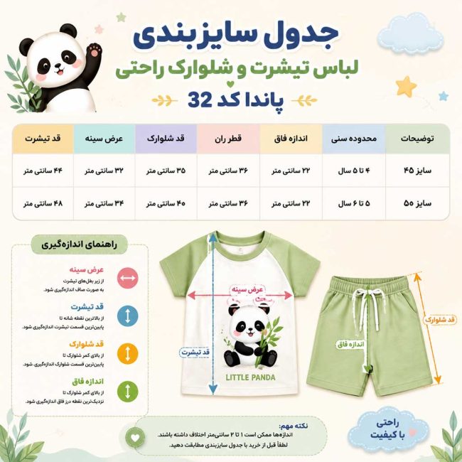 جدول و راهنمای اندازه گیری لباس کودک طرح تدی برای 3 تا 7 سال