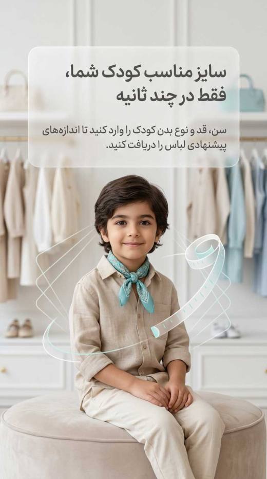یک بچه که نشسته روی سکو و نوشته ای که اشاره میکند اینجا اندازه گیری اتوماتیک سایز کودک است