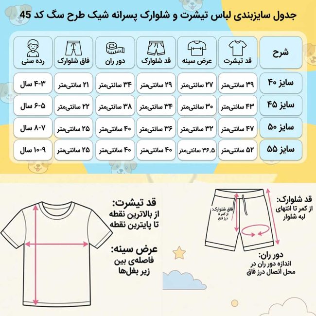 جدول راهنمای سایز ست تیشرت و شلوارک پسرانه طرح سگ برای رده سنی ۳ تا ۱۰ سال