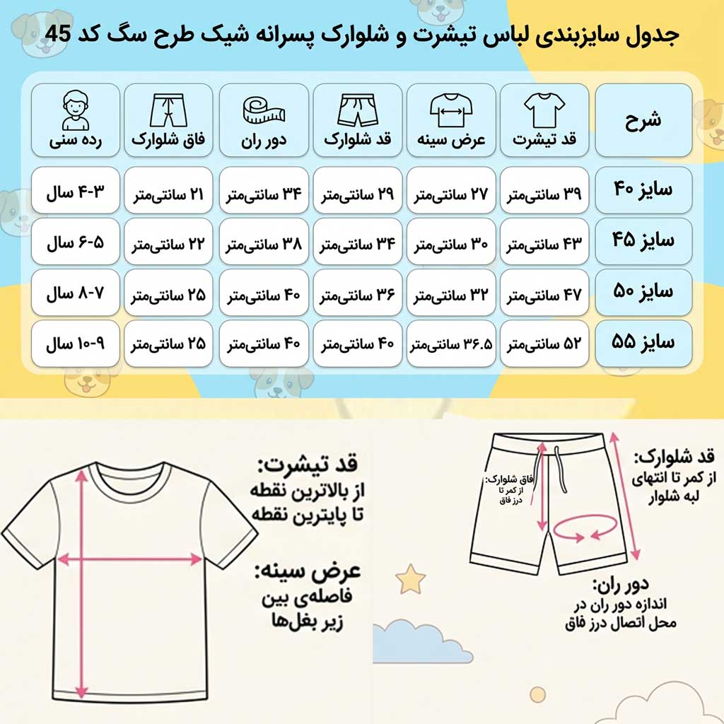 جدول راهنمای سایز ست تیشرت و شلوارک پسرانه طرح سگ برای رده سنی ۳ تا ۱۰ سال