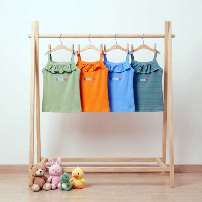 چهار مدل تاپ دخترانه بچگانه کبریتی با یقه چیندار آویزان روی رگال چوبی