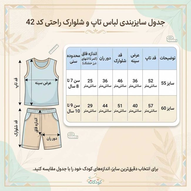جدول ابعاد و سایزبندی لباس تابستانی دخترانه ۷ تا ۱۰ سال برای ست راحتی کد ۴۲