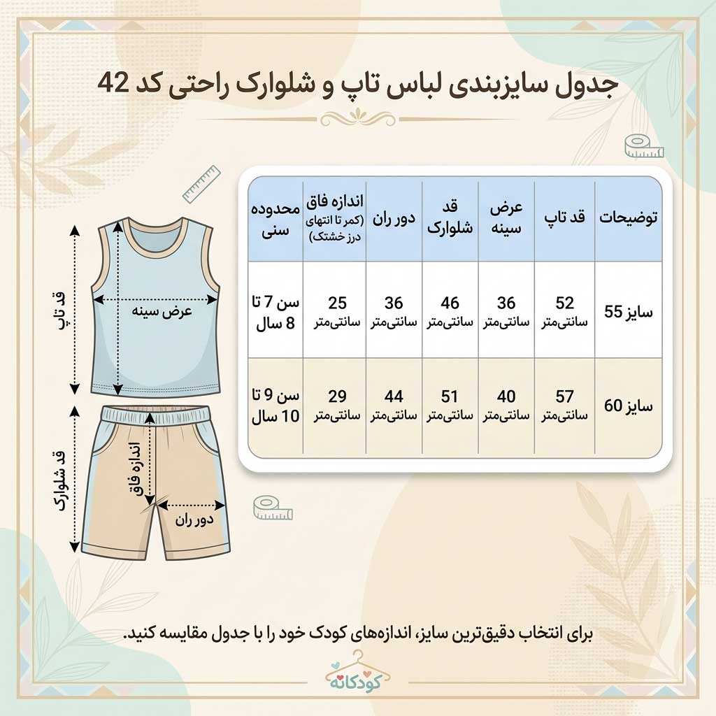 جدول ابعاد و سایزبندی لباس تابستانی دخترانه ۷ تا ۱۰ سال برای ست راحتی کد ۴۲