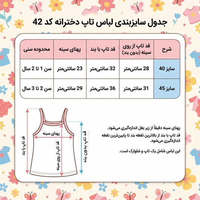 جدول راهنمای ابعاد تاپ نخی بچگانه دخترانه کد ۴۲ برای سن ۱ تا ۳ سال