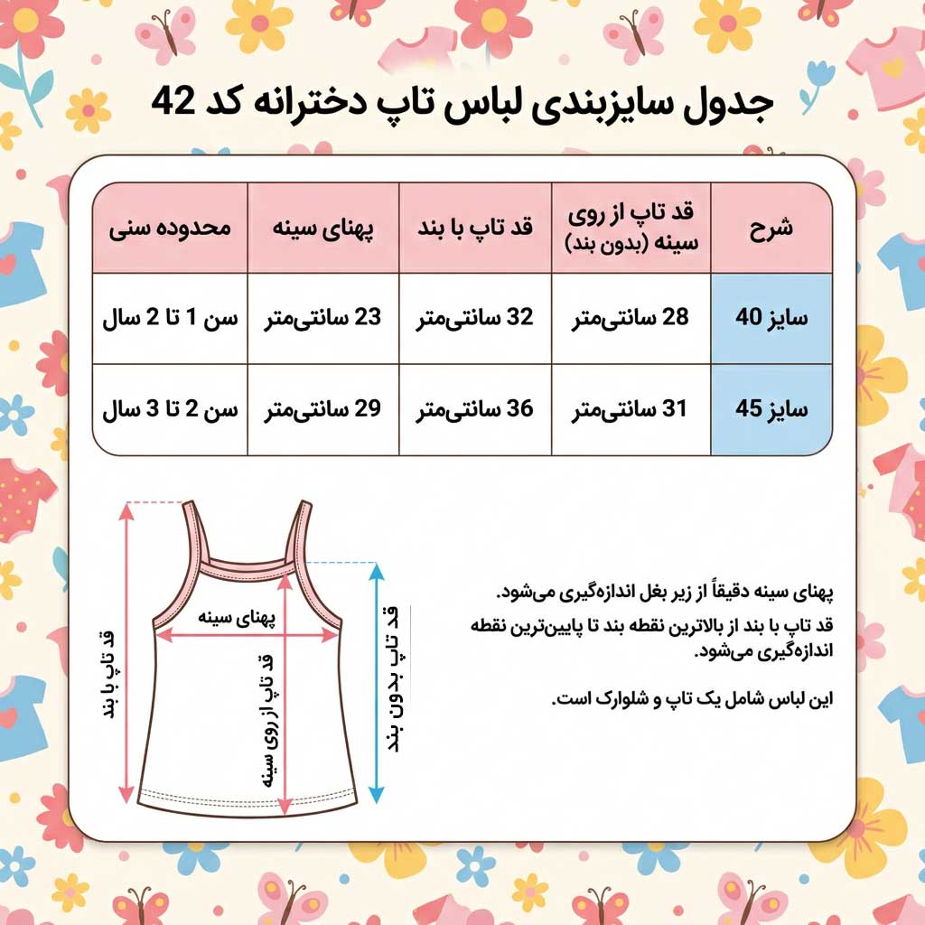 جدول راهنمای ابعاد تاپ نخی بچگانه دخترانه کد ۴۲ برای سن ۱ تا ۳ سال