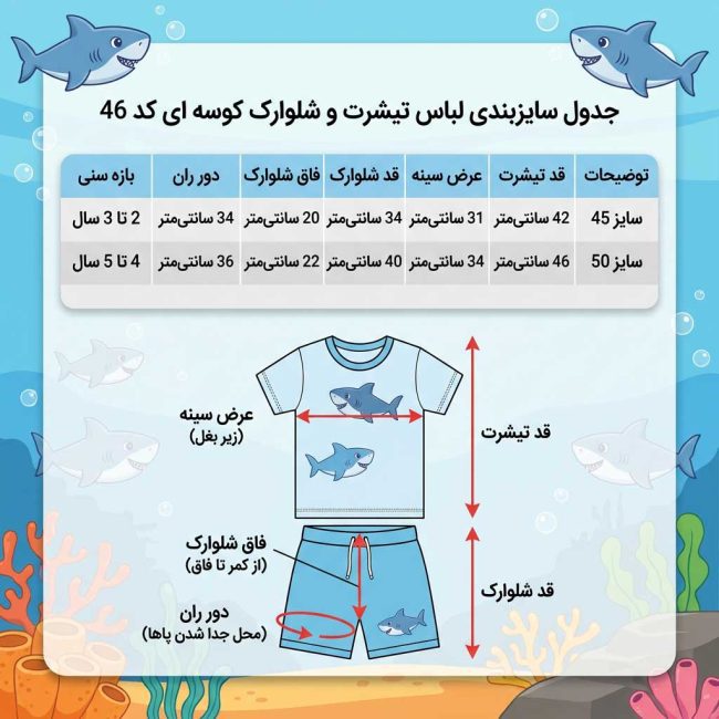 جدول سایزبندی و روش اندازه‌گیری ست تیشرت و شلوارک پسرانه