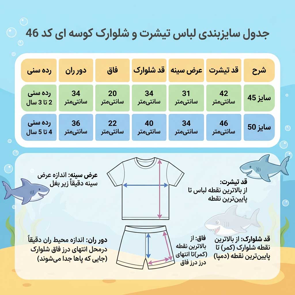 جدول اندازه‌گیری ست تیشرت و شلوارک پسرانه در سایزهای ۴۵ و ۵۰