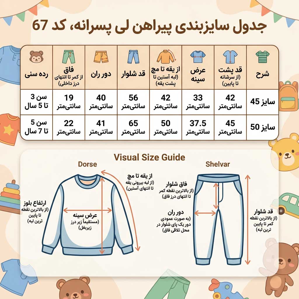 راهنمای تصویری اندازه‌گیری ست بلوز و شلوار راحتی پسرانه طرح Lee با جدول مشخصات ابعاد