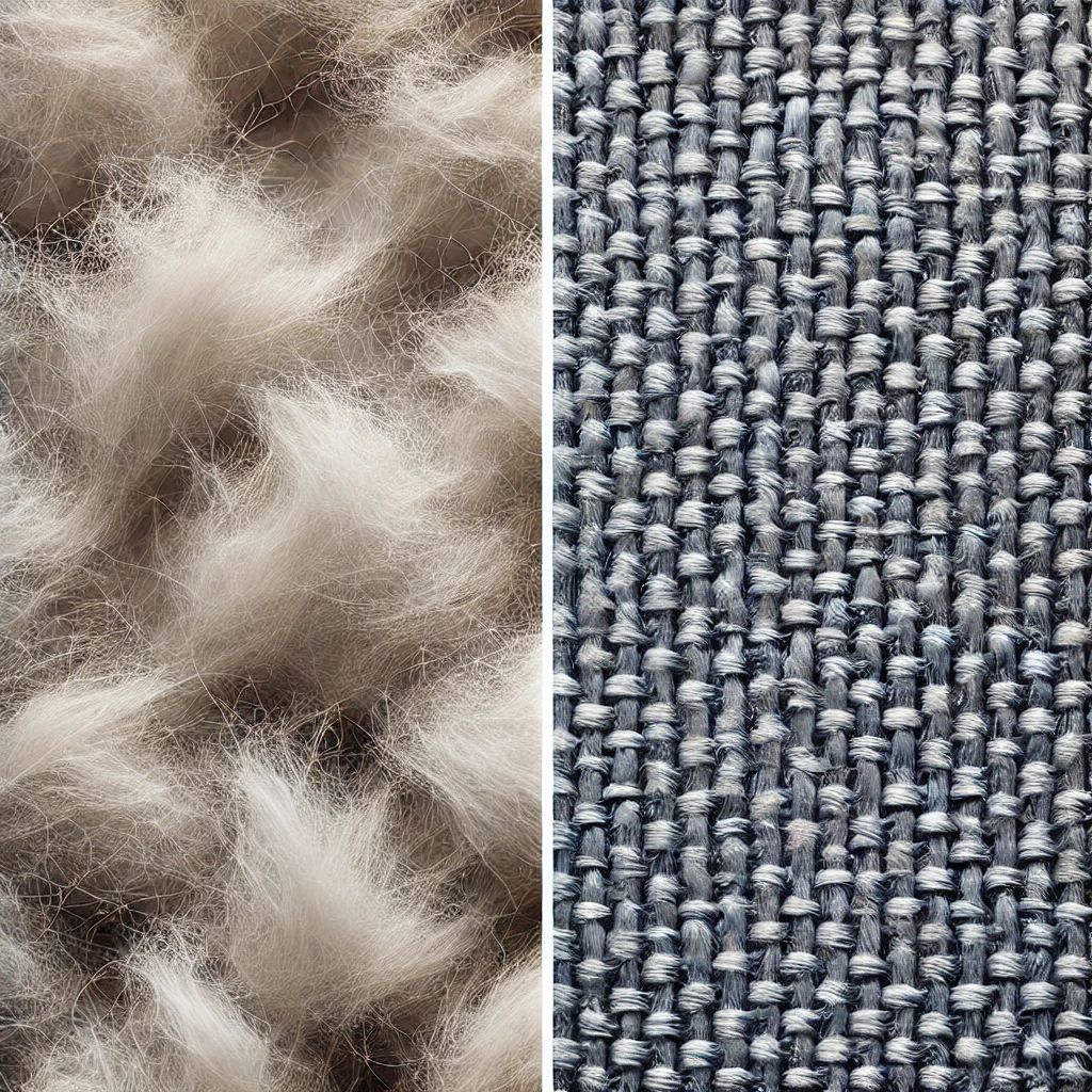 مقایسه پارچه نخی طبیعی و پلی‌استر مصنوعی – سمت چپ بافت مات و چین‌دار، سمت راست سطح صاف و براق
