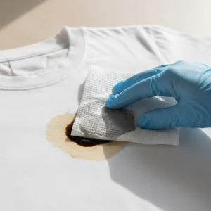 مرحله اول پاک کردن لکه روغن: قرار دادن دستمال کاغذی برای جذب چربی اضافی از روی تی شرت سفید