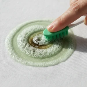 مرحله سوم پاک کردن لکه روغن: ماساژ دادن ملایم لکه با مسواک نرم و مایع ظرفشویی