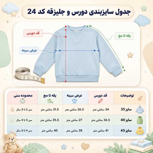 جدول راهنمای ابعاد برای ست دو تکه دخترانه سایز ۲ تا ۵ سال